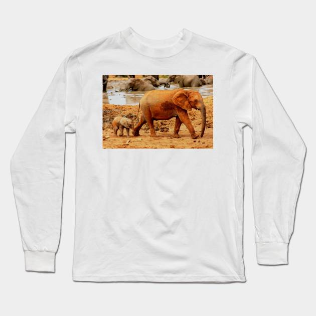 African Wildlife Photography Elephant Mother and Calf Long Sleeve T-Shirt by PathblazerStudios